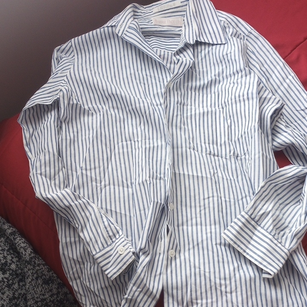 Blue and White Striped Button-Up Shirt Vintage For Women.